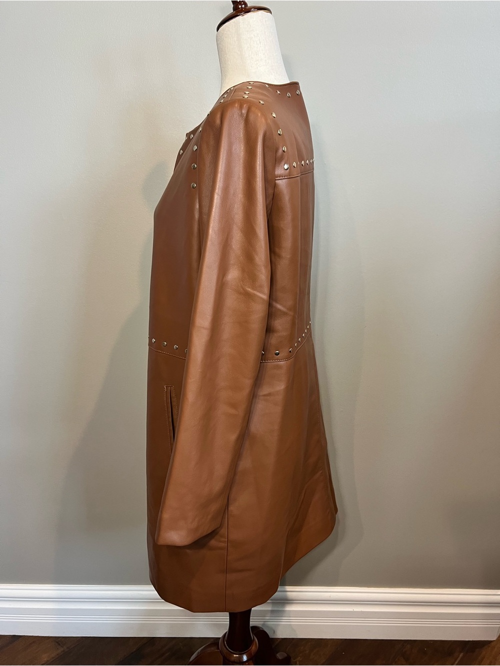 Chico's Cognac Faux Leather Stud-Trim Coat, Washable (NEW) - Picture 5 of 9